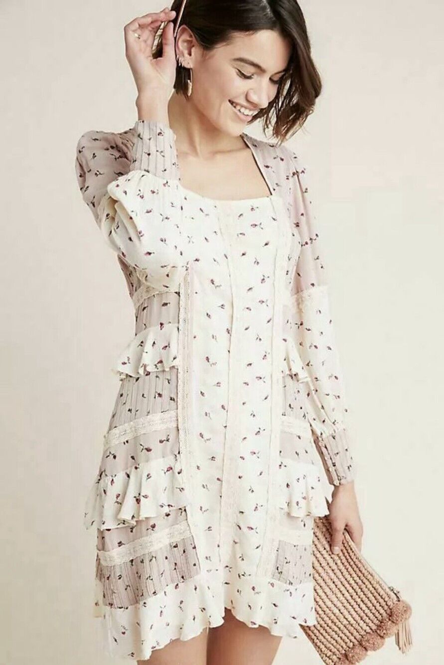 Anthropologie Seen Worn Kept Dress Small Ruffles Long Sleeve Open Floral Pink